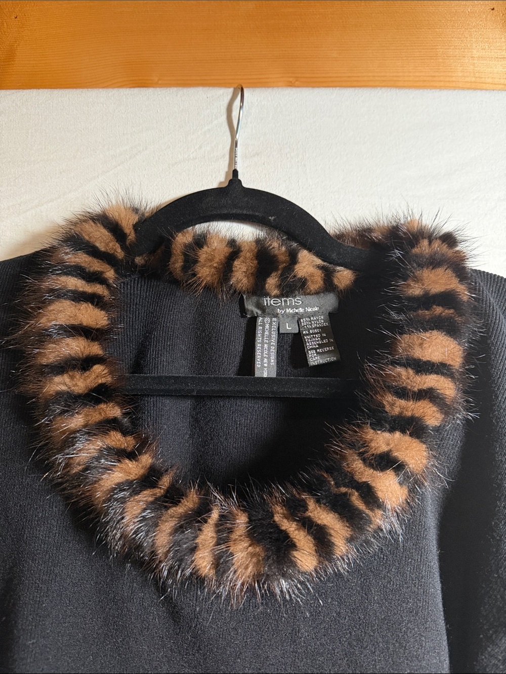 Michelle Nicole Black Sweater with Brown & Black Fur Tiger Collar